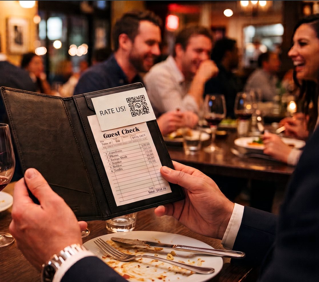 A guest holds a leather bill folder at a restaurant table; a card reading “Rate us!” with a QR code sits on top of the guest check.